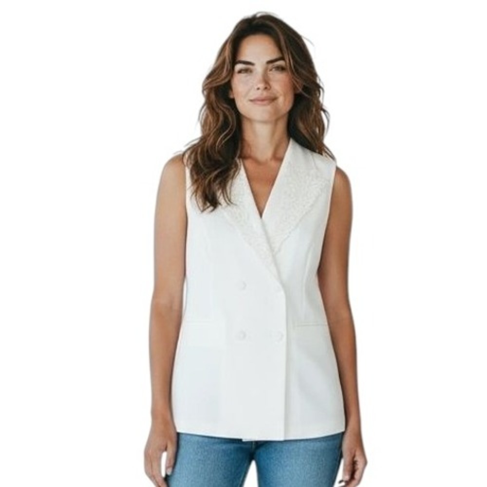 Be Smart Vintage Cream White Sleeveless‎ Vest Embellished Double Breasted SZ 7/8